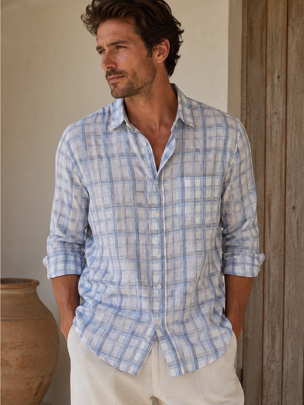 Vince sz XL Light Blue and White Plaid Shirt button down great pre owned cond